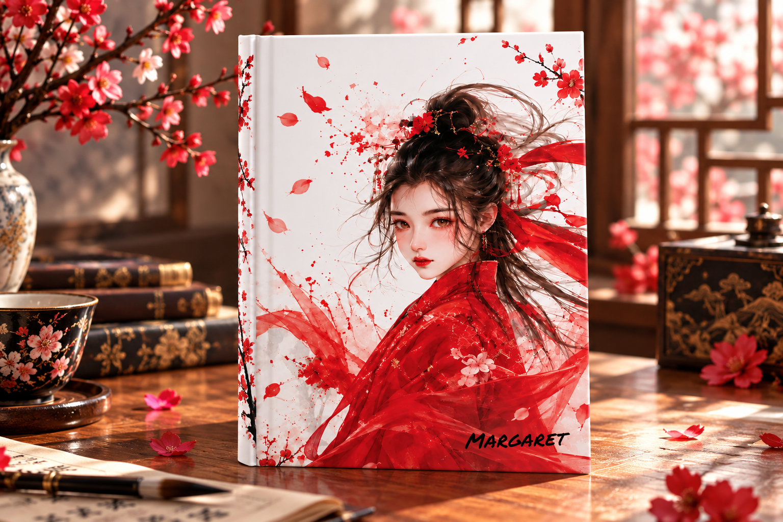 Personalized Red Blossom Hardcover Journal lifestyle view
