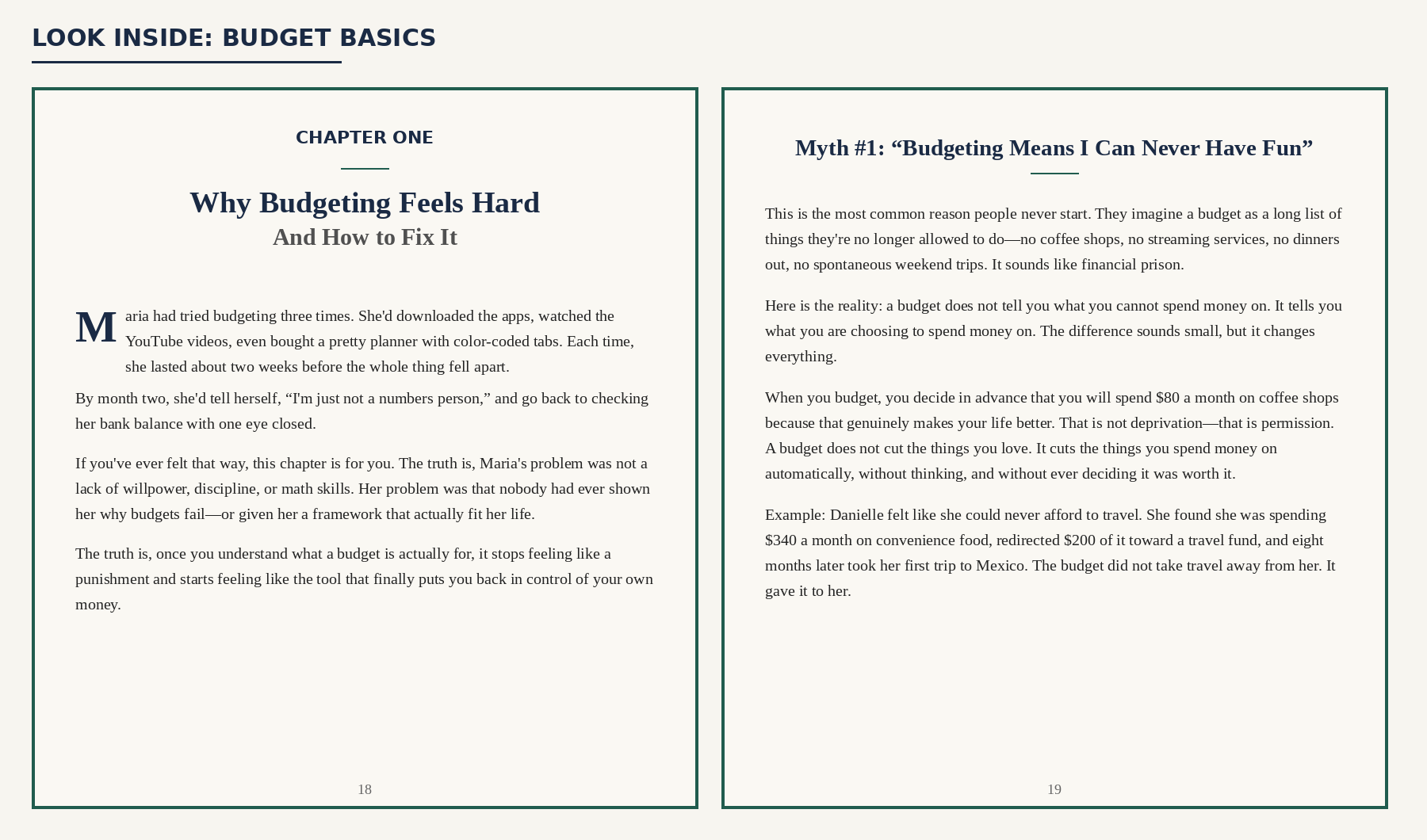 Look inside Budget Basics showing Chapter One, Why Budgeting Feels Hard, and a page addressing the myth that budgeting means you can never have fun