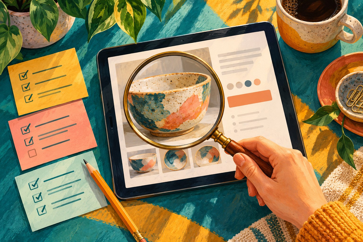 A magnifying glass examining a ceramic bowl listing beside a focused audit checklist.
