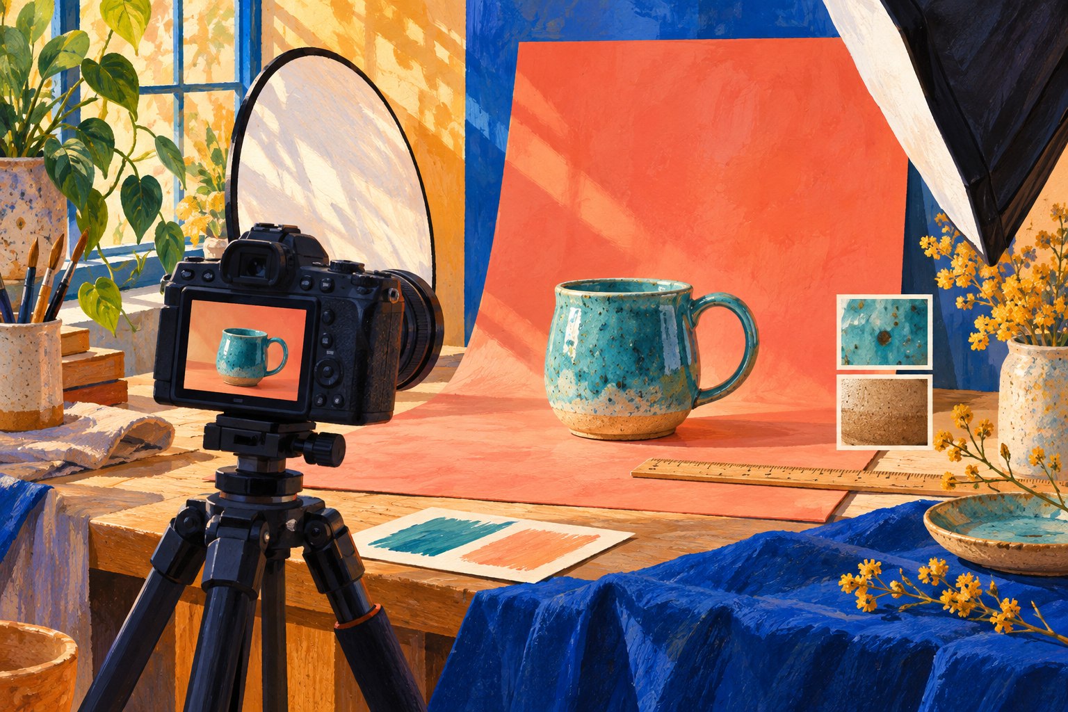 A camera photographing a turquoise handmade mug with lighting and scale references.