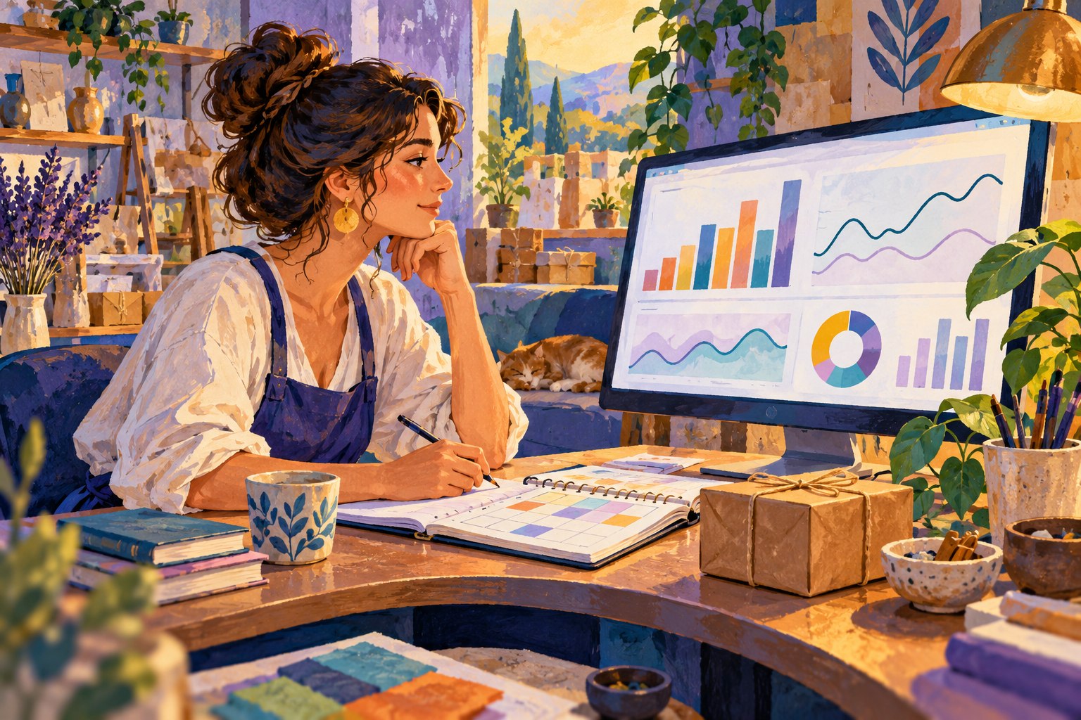 An artisan reviewing shop charts and a weekly calendar at a colorful desk.