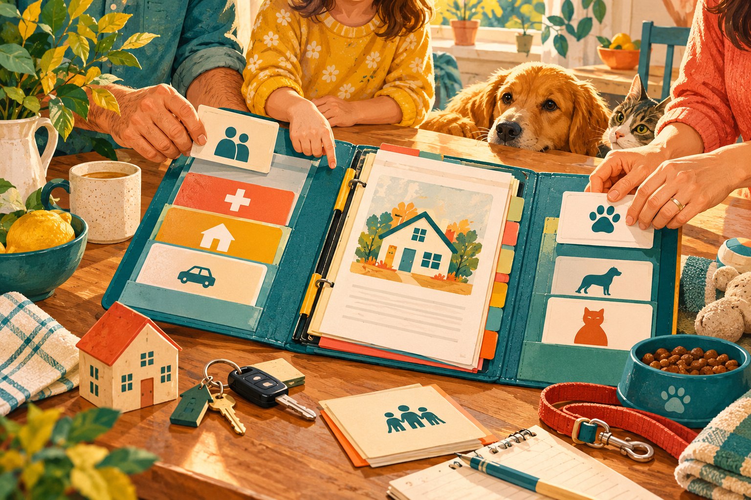 Family organizing emergency contacts, household records and pet-care information together.