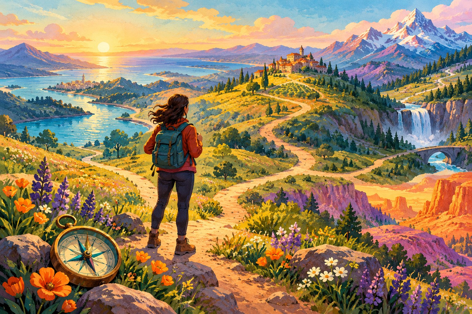 A traveler exploring branching paths through colorful hills toward new possibilities.