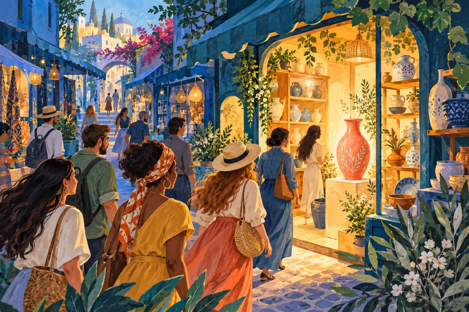 Shoppers discovering a warmly lit handmade ceramics shop in a colorful marketplace.