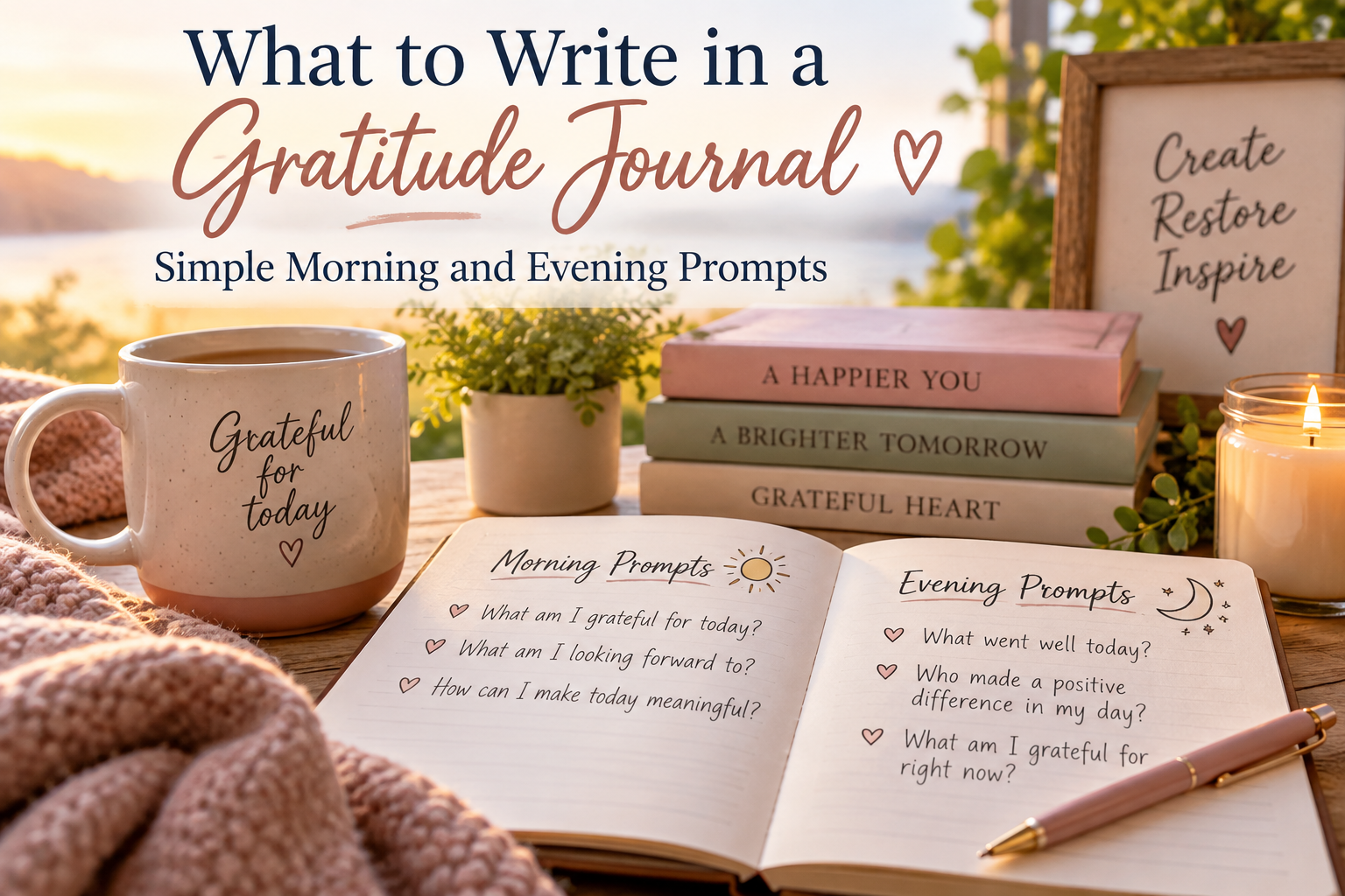 Open gratitude journal with simple morning and evening reflection prompts in a warm, peaceful setting.