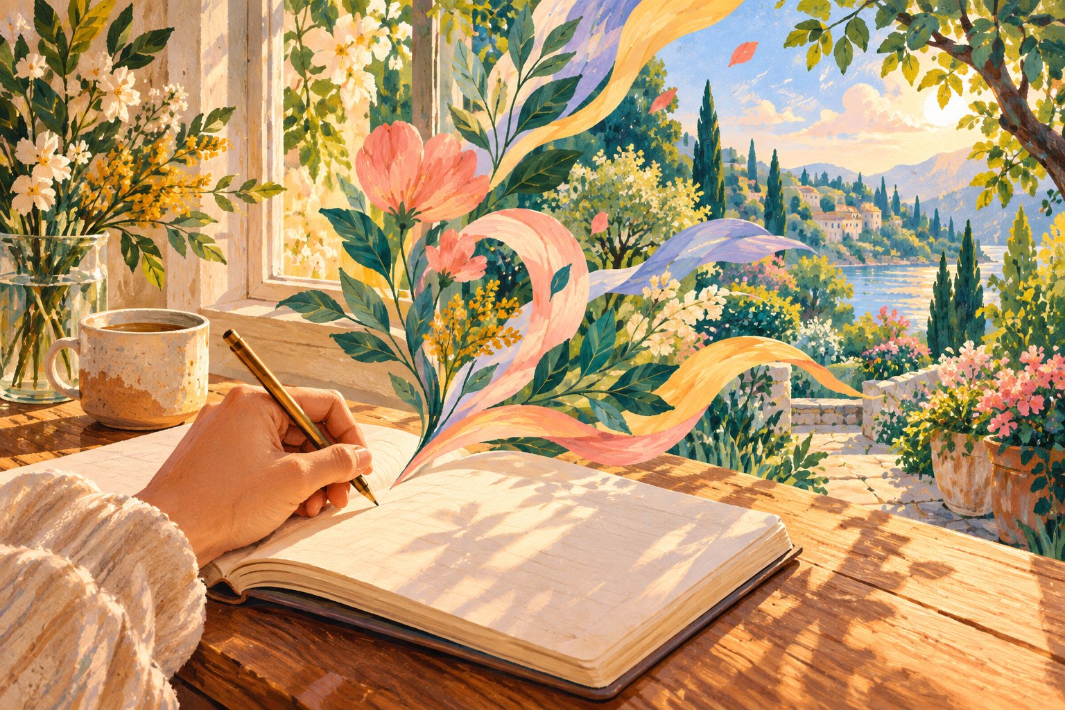 A hand writing in a notebook as colorful leaves and ideas unfold toward a garden.