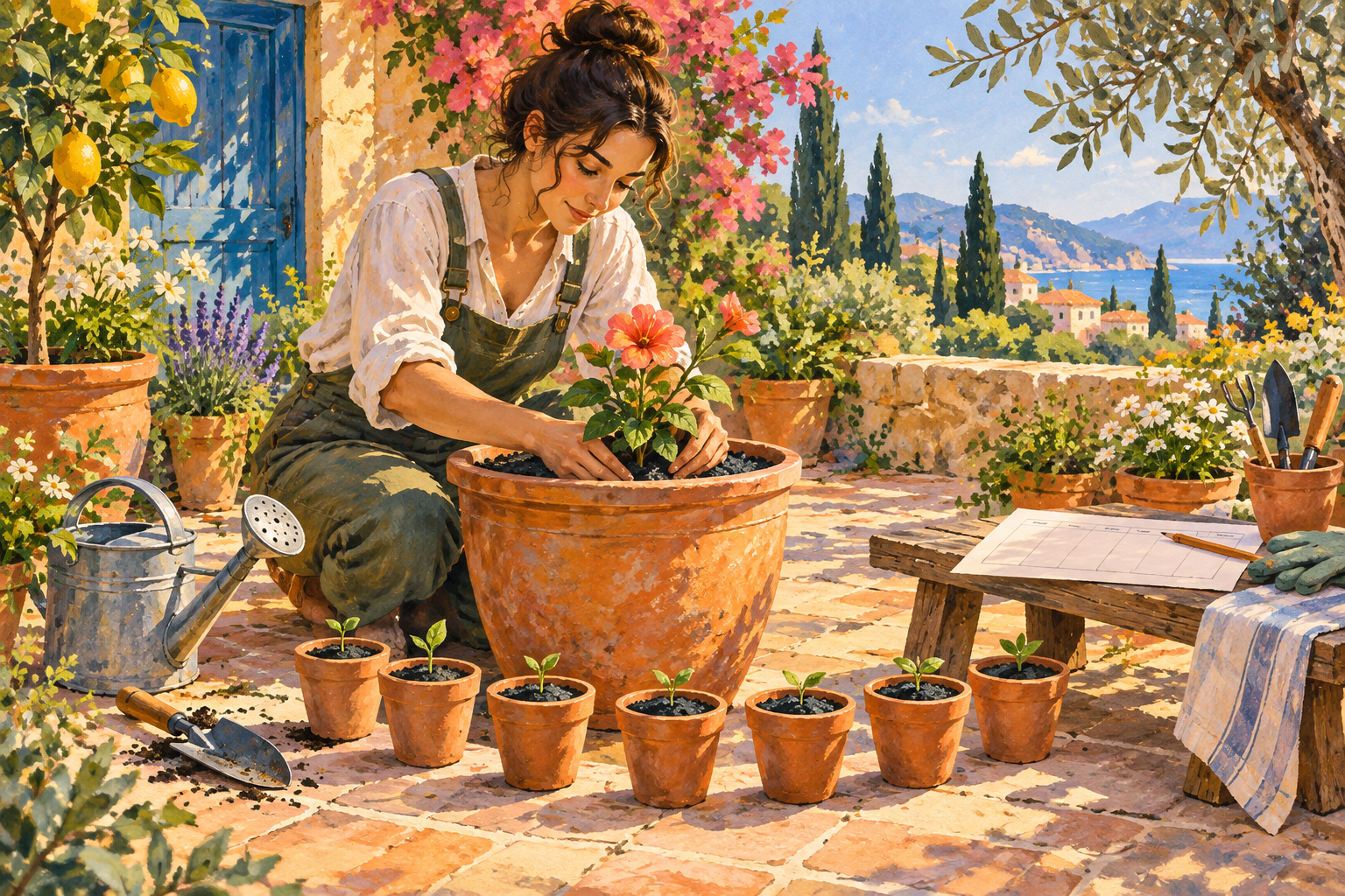 A woman tending a flowering plant beside seven seedlings in a colorful sunlit garden.